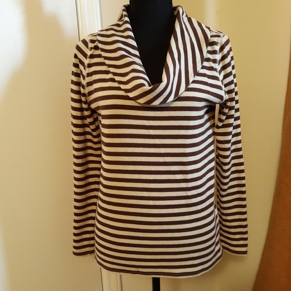 TOMMY HILFIGER Women's Cowl Neck Long Sleeve Shirt Brown/Beige Stripes Size Med